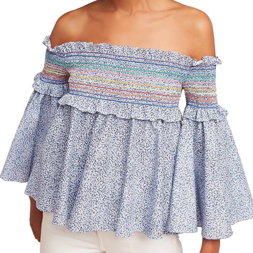 Petersyn Davenport Off The Shoulder Blue Floral Rainbow  Smocked Top Size Small